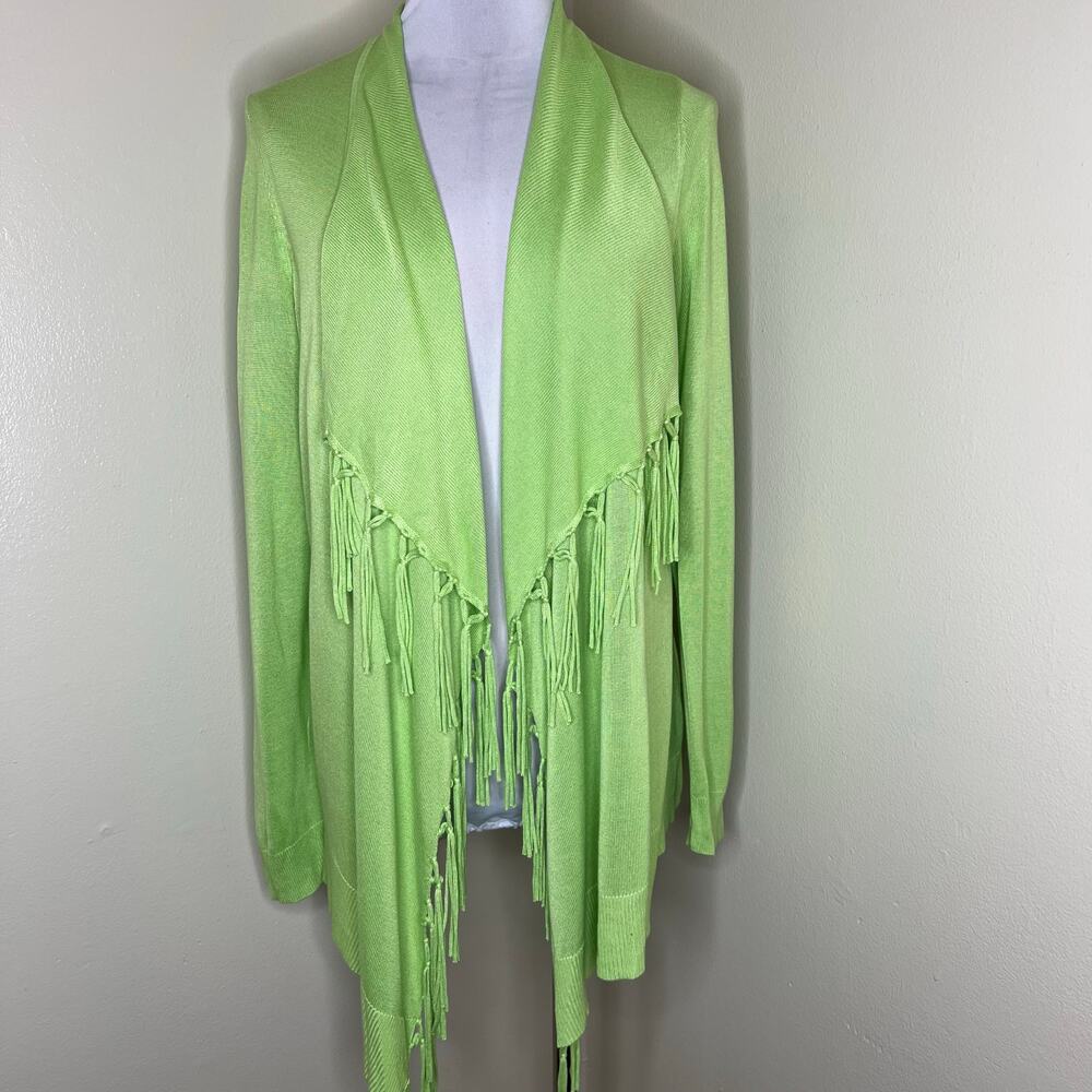 Chico's Cardigan Medium Womens 8 Green Open Front Fringe Knit Rayon Ribbed Trim
